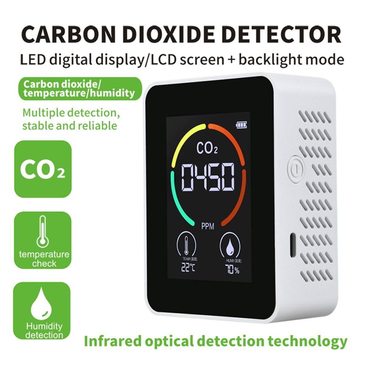 3-in-1 CO2 Monitor LCD Display Carbon Dioxide Detector Humidity Sensor