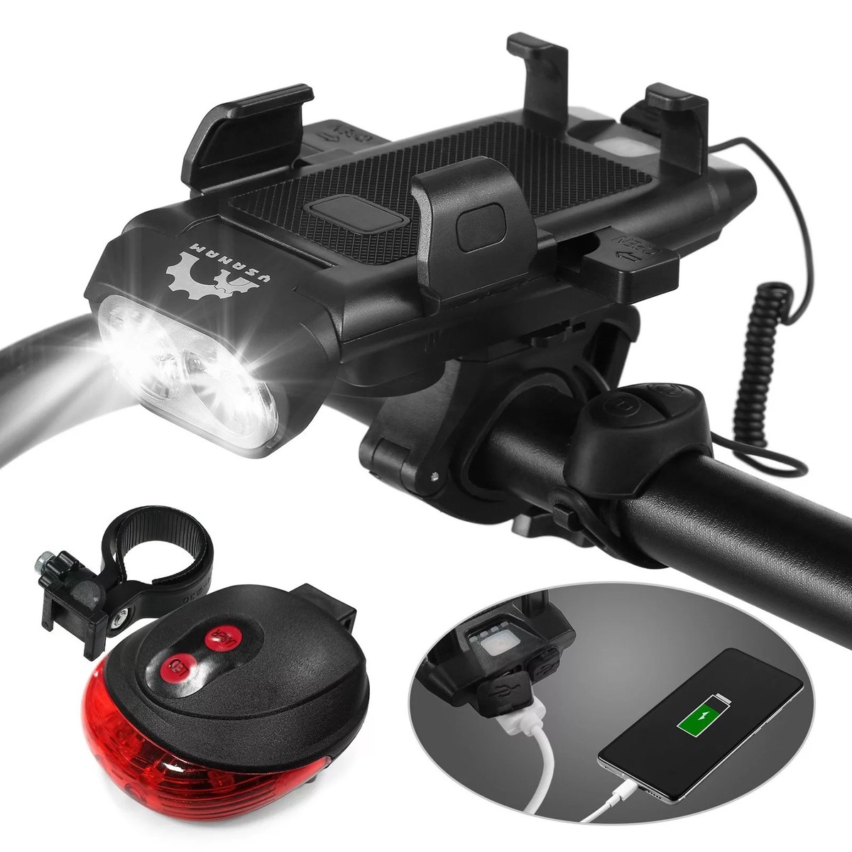 YSANAM 4-in-1 Rechargeable LED Bike Light Set Waterproof with USB