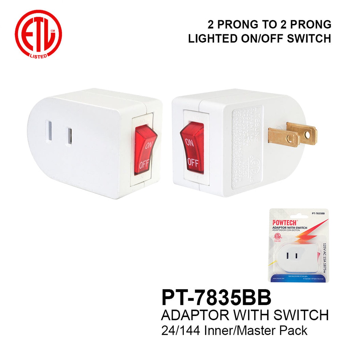 Pt-7835Bb - Single Outlet Ul Adapter With Switch