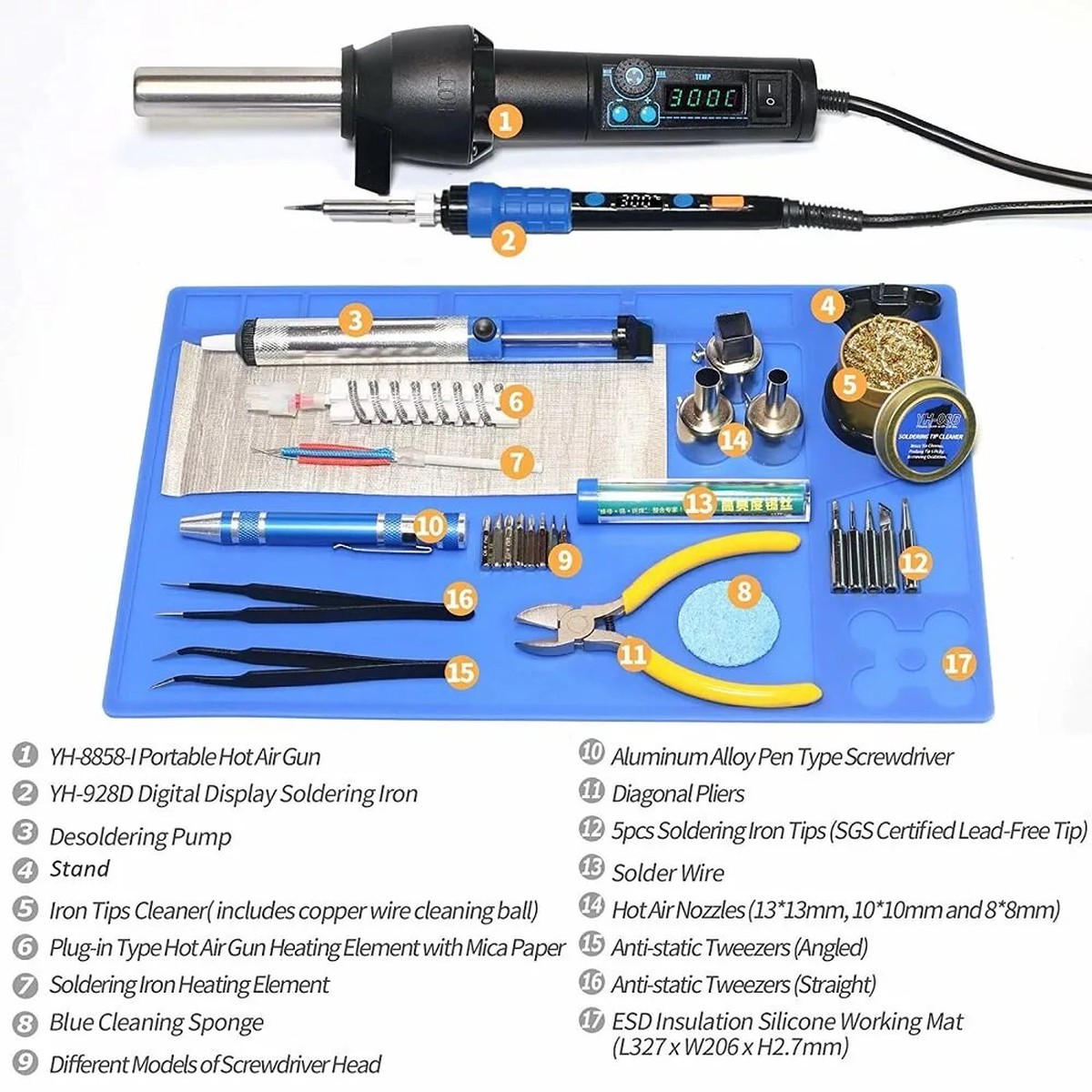 YIHUA 8858-I 038 928D Portable 65W LED Digital Display Hot Air Gun and Soldering Iron