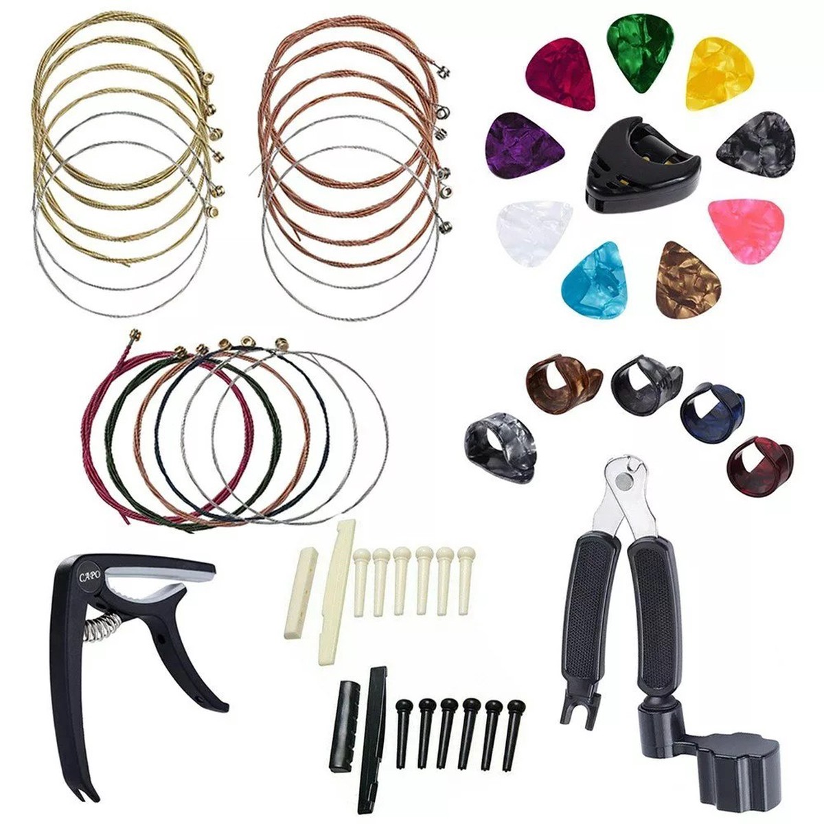 Acoustic Guitar Accessory Kit 8211 34 Pieces with Picks Capo Bridge Pins Bone Strings