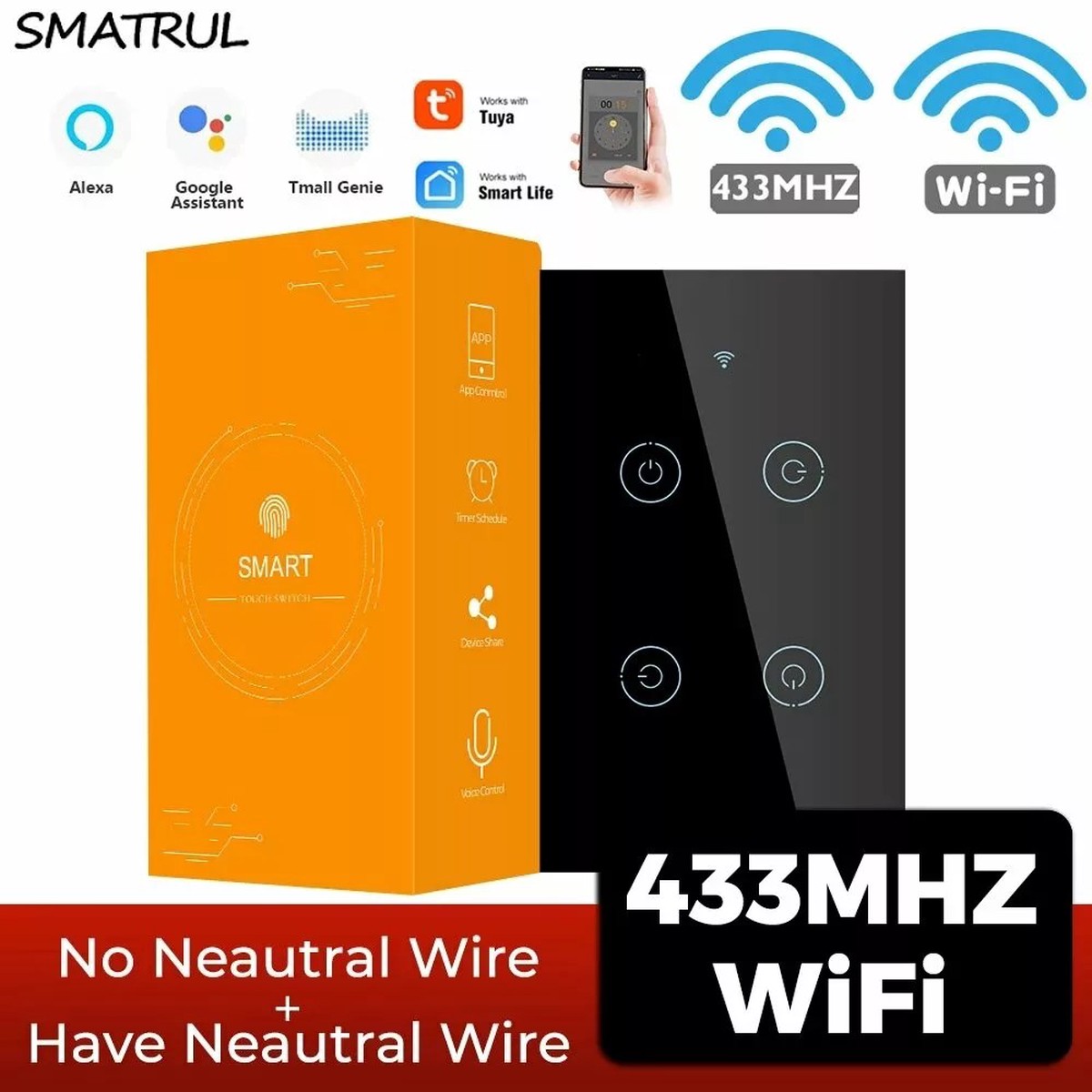 SMATRUL Tuya Smart Wifi Light Switch 8211 Touch Technology US Compatible Remote Timing Control Alexa and Google Home Compatible
