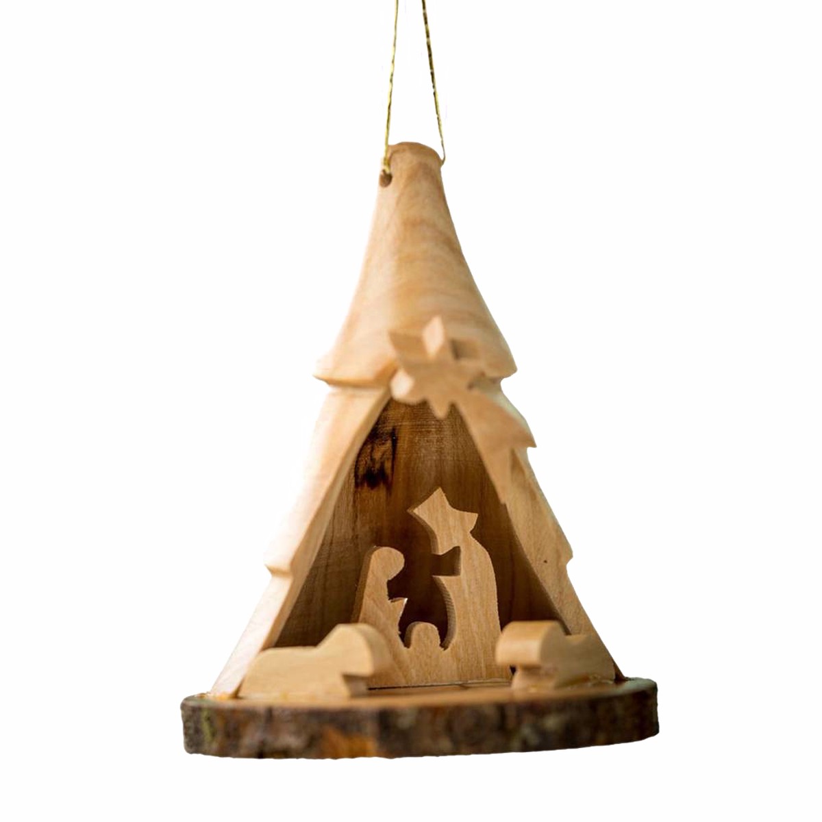 3D Tree With Nativity Olive Wood Bark Ornament